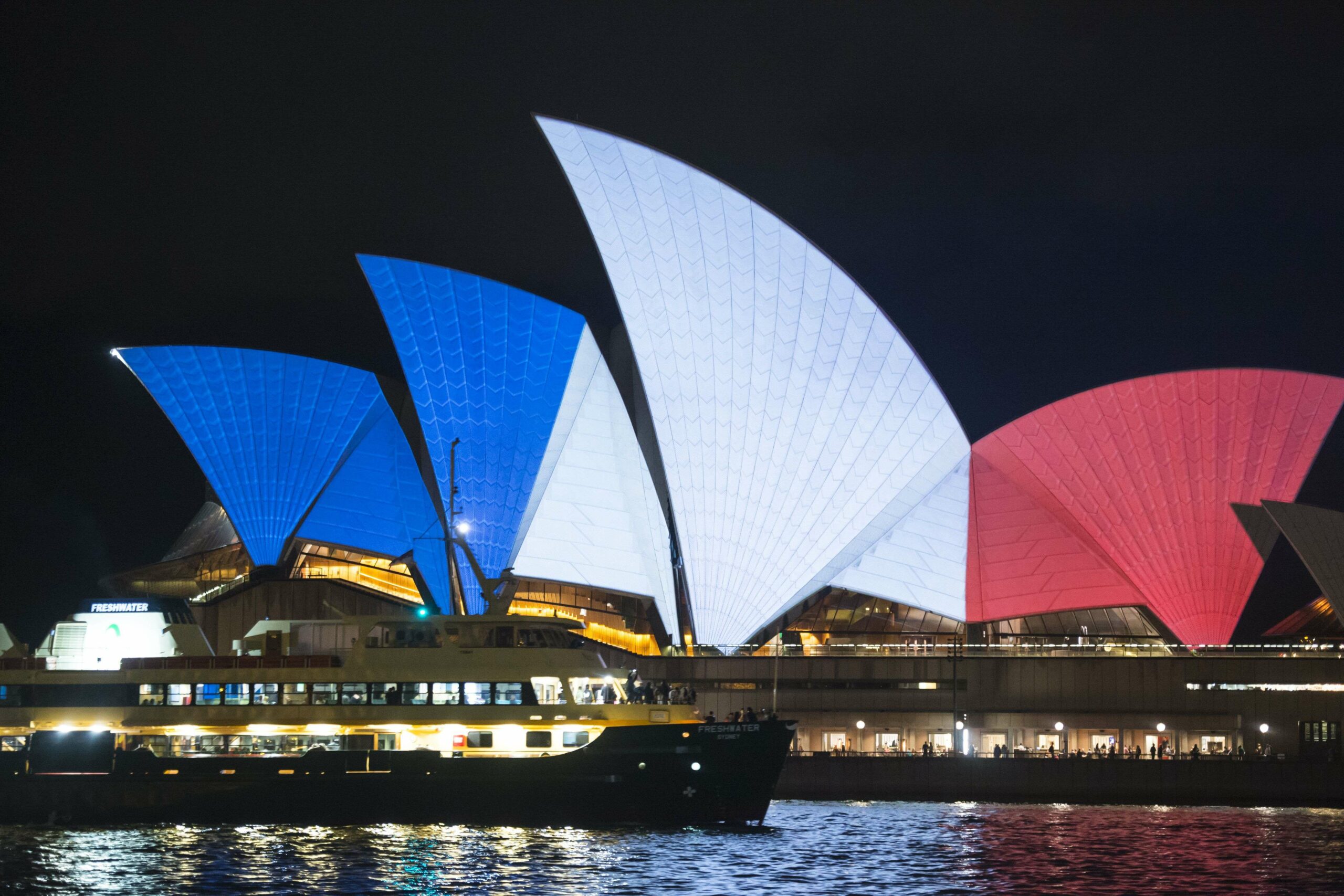 Sydney Opera House lit with the colours of the French flag, Australia - 14 Nov 2015