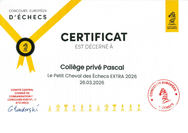 Certificat du Concours Européen d'Échecs - École Pascal